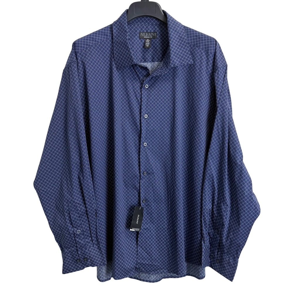 NEW Alfani Mens XXL Regular Fit Navy White Geometric Button Down Shirt